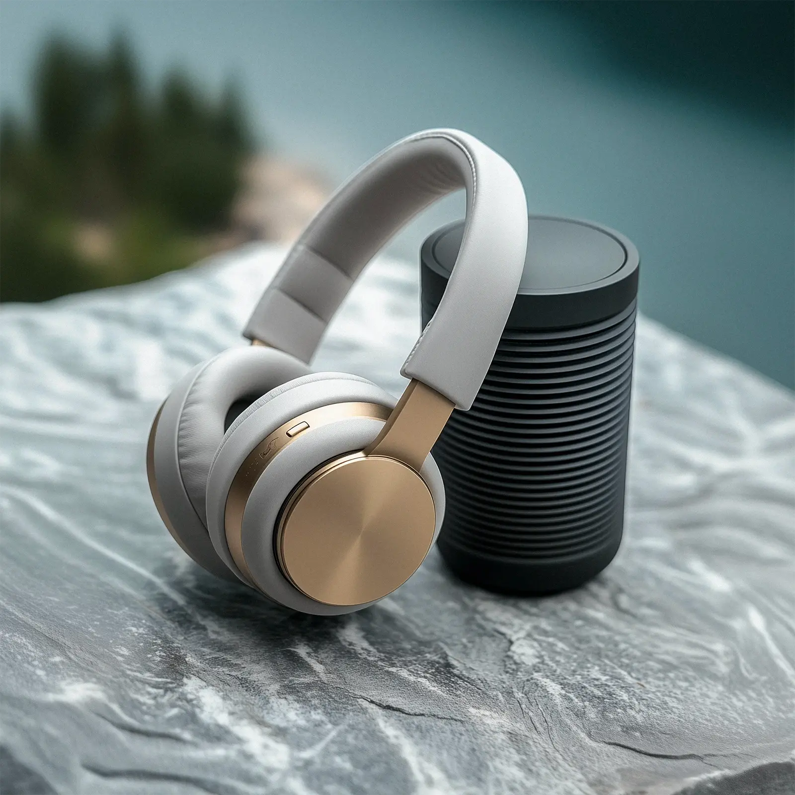 Headphones and a speaker resting on a rock — development artwork