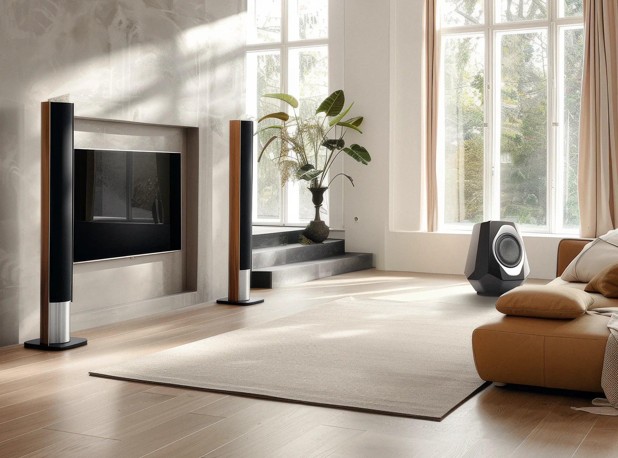 A living room with floor-standing loudspeakers, a compact speaker, a sofa and tall windows — development artwork