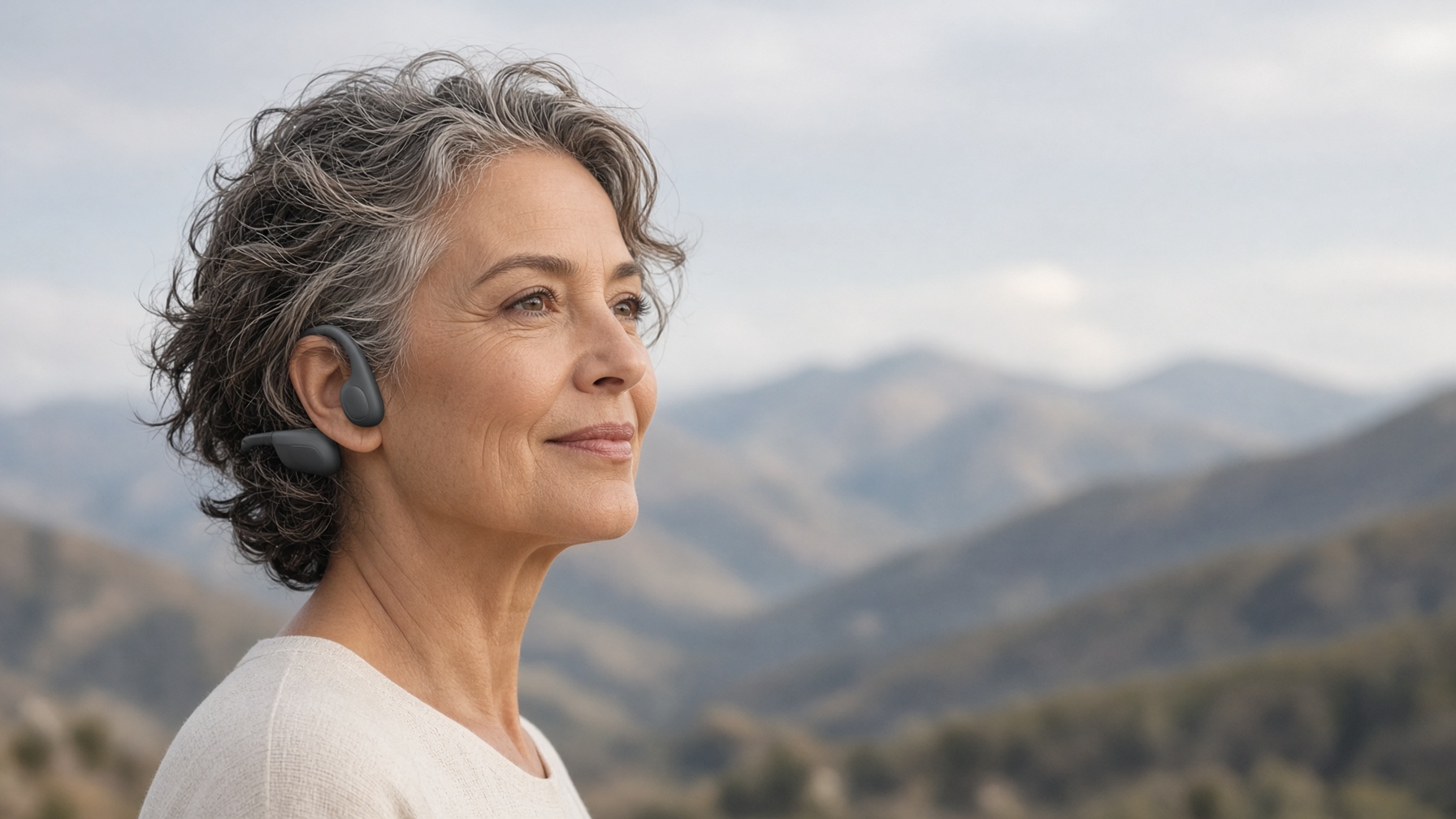 A woman outdoors wearing an open-ear headset, mountains behind her
